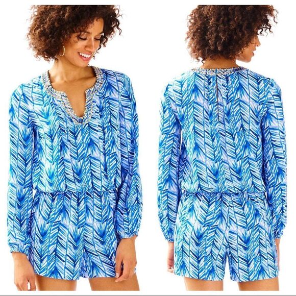 Lilly Pulitzer Colby Romper Lapis Blue Costa Verde Long Sleeve Swim Coverup XXS - Picture 1 of 8